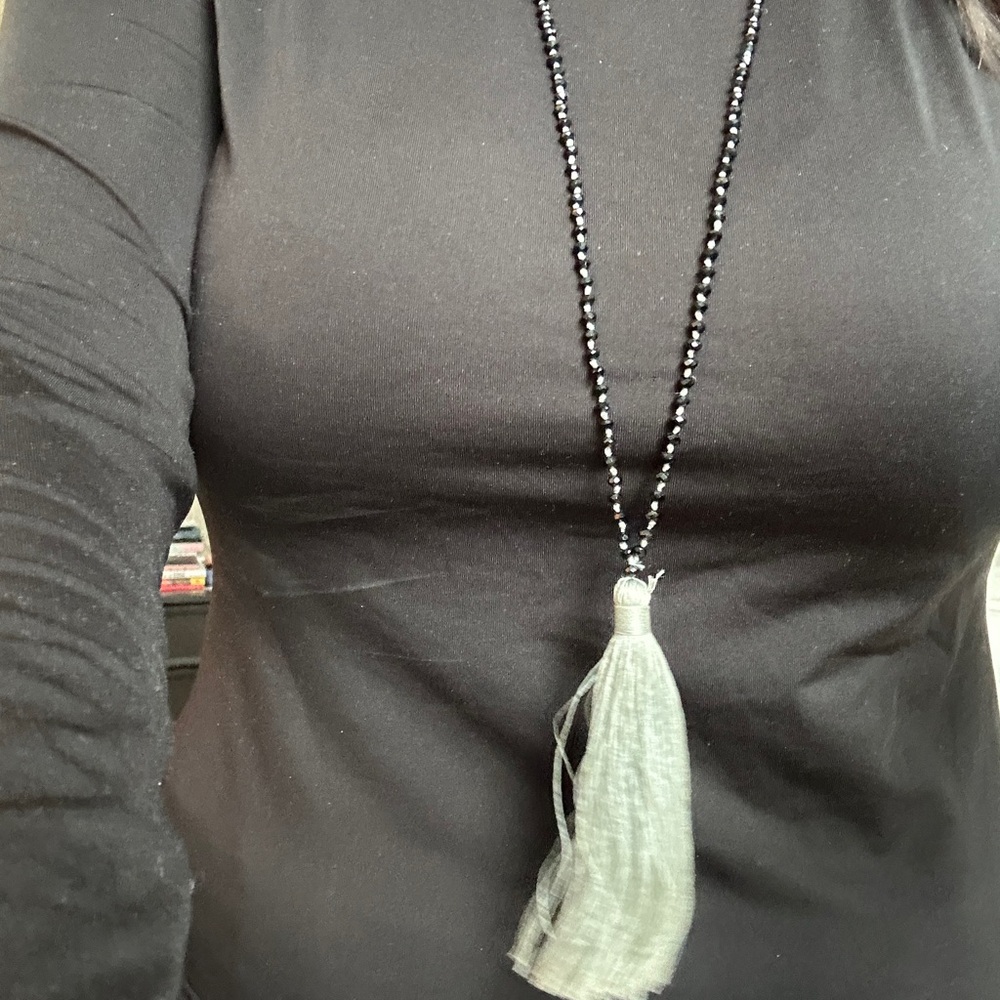 Elegant Black Beaded Necklace with Tassel